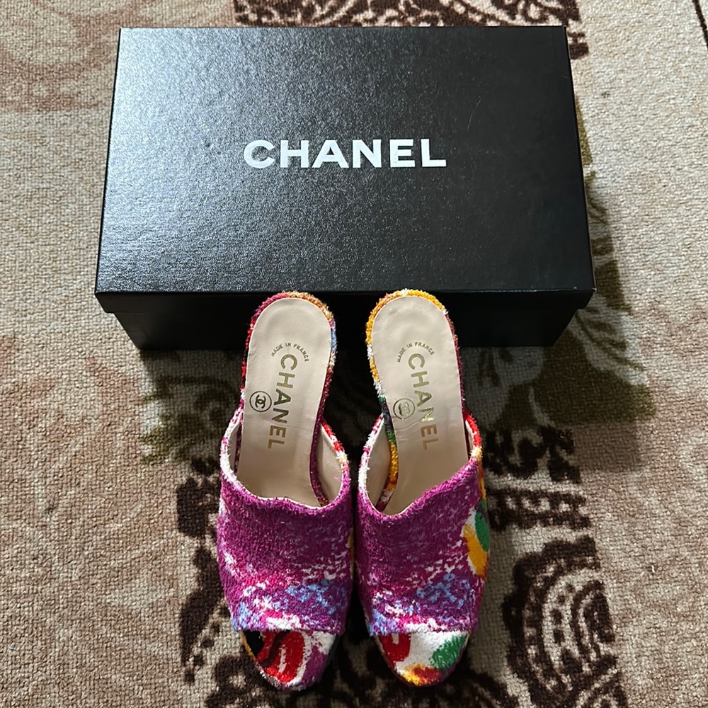 Authentic Chanel Multicolor Floral Platform Sandal Heels
